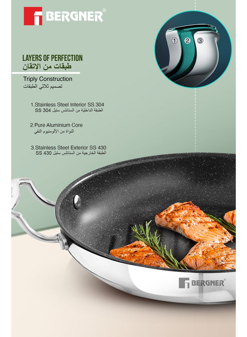 Bergner 26cm Triply Stainless Steel Grill Pan with Quantanium Nonstick Coating, Low-Oil Healthy Cooking Skillet for Meat and Vegetables, Fast Even Heating Frying Pan, Gas & Induction Compatible - Image 3